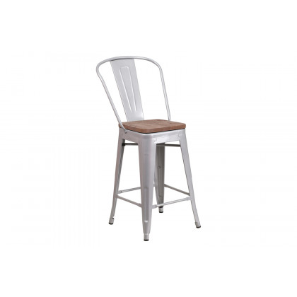 BLNK Lily Metal Counter Height Stool with Back and Wood Seat - Silver