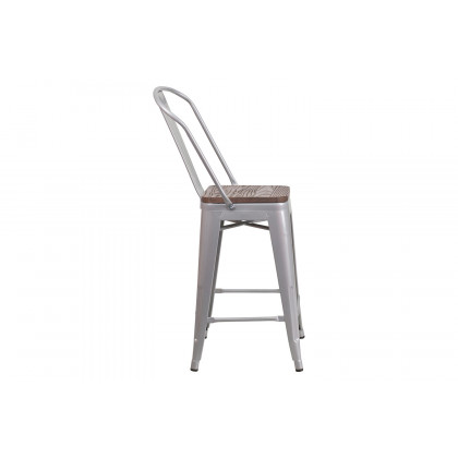 BLNK Lily Metal Counter Height Stool with Back and Wood Seat - Silver