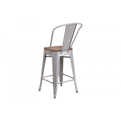 BLNK Lily Metal Counter Height Stool with Back and Wood Seat - Silver