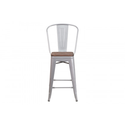 BLNK Lily Metal Counter Height Stool with Back and Wood Seat - Silver