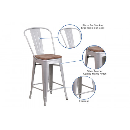 BLNK Lily Metal Counter Height Stool with Back and Wood Seat - Silver