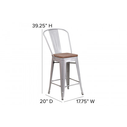 BLNK Lily Metal Counter Height Stool with Back and Wood Seat - Silver