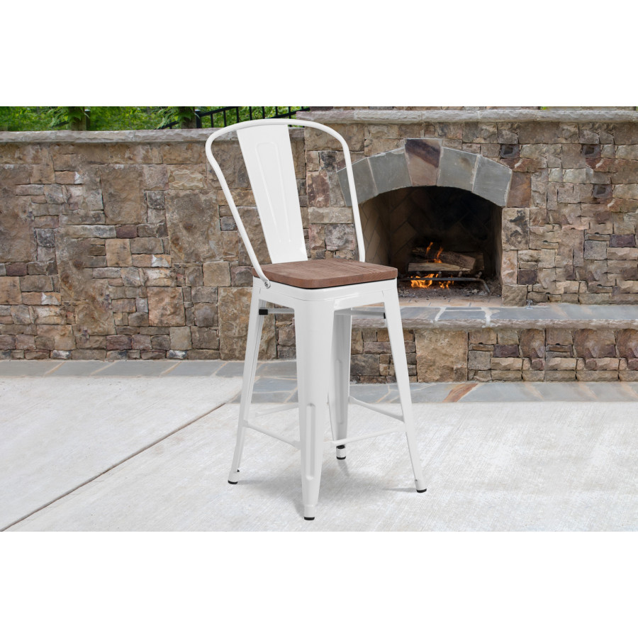 BLNK Lily Metal Counter Height Stool with Back and Wood Seat - White