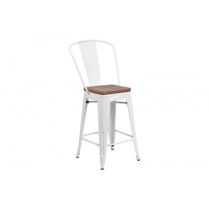 BLNK Lily Metal Counter Height Stool with Back and Wood Seat - White