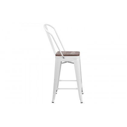 BLNK Lily Metal Counter Height Stool with Back and Wood Seat - White