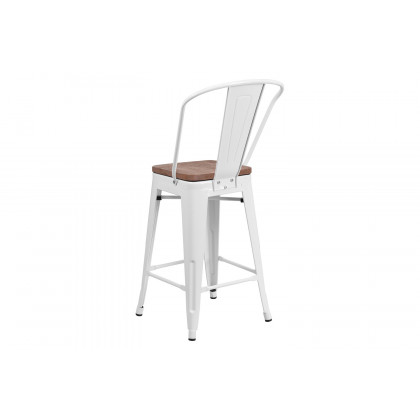 BLNK Lily Metal Counter Height Stool with Back and Wood Seat - White