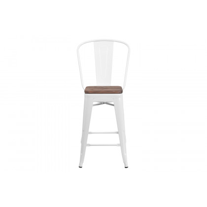 BLNK Lily Metal Counter Height Stool with Back and Wood Seat - White