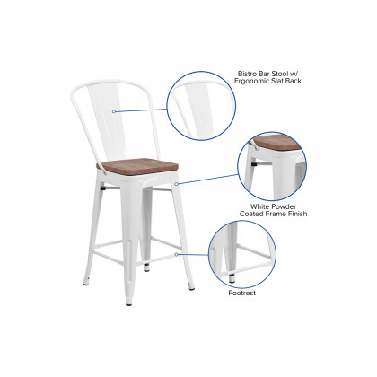 BLNK Lily Metal Counter Height Stool with Back and Wood Seat - White