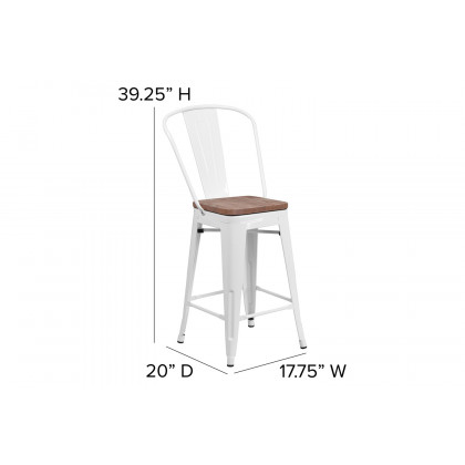 BLNK Lily Metal Counter Height Stool with Back and Wood Seat - White