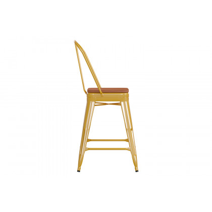 BLNK Kai Commercial Metal Indoor-Outdoor Counter Height Stool with Removable Back and All-Weather Poly Resin Seat - Yellow/Teak
