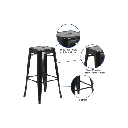 BLNK Kai Commercial Metal Backless Indoor-Outdoor Bar Stool with Square Seat - Black