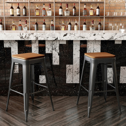 BLNK Kai Commercial Metal Backless Indoor-Outdoor Bar Stool with Poly Resin Wood Seat - Black/Teak