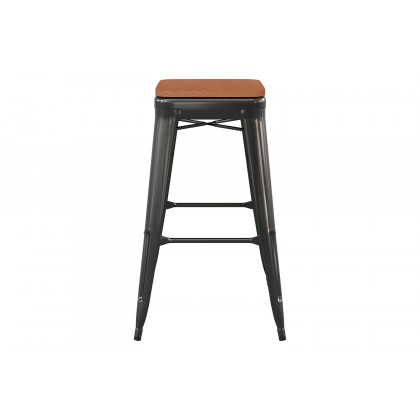 BLNK Kai Commercial Metal Backless Indoor-Outdoor Bar Stool with Poly Resin Wood Seat - Black/Teak