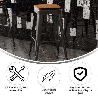 BLNK Kai Commercial Metal Backless Indoor-Outdoor Bar Stool with Poly Resin Wood Seat - Black/Teak