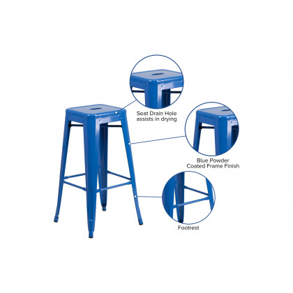 BLNK Kai Commercial Metal Backless Indoor-Outdoor Bar Stool with Square Seat - Blue
