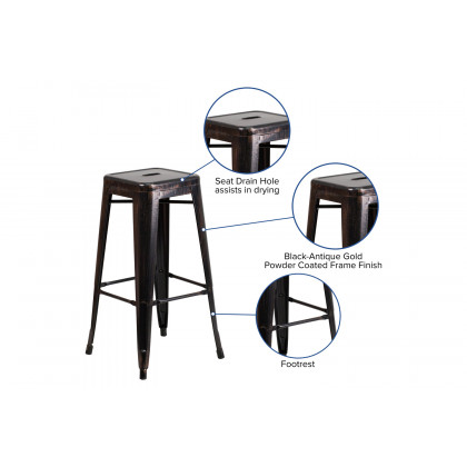 BLNK Kai Commercial Metal Backless Indoor-Outdoor Bar Stool with Square Seat - Black/Antique Gold