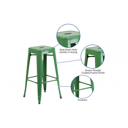 BLNK Kai Commercial Metal Backless Indoor-Outdoor Bar Stool with Square Seat - Green