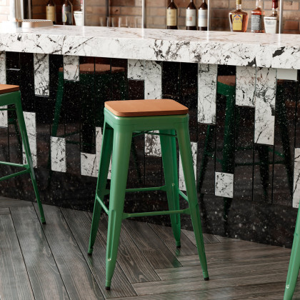 BLNK Kai Commercial Metal Backless Indoor-Outdoor Bar Stool with Poly Resin Wood Seat - Green/Teak