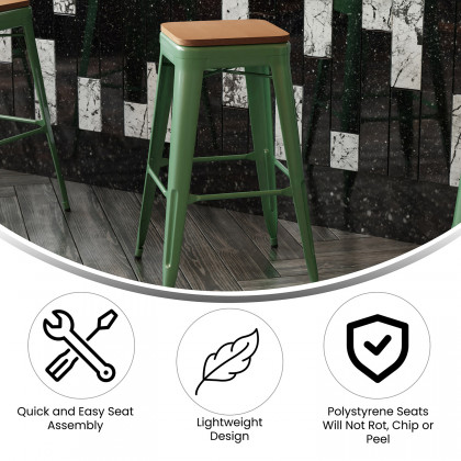BLNK Kai Commercial Metal Backless Indoor-Outdoor Bar Stool with Poly Resin Wood Seat - Green/Teak