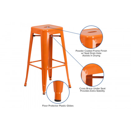 BLNK Kai Commercial Metal Backless Indoor-Outdoor Bar Stool with Square Seat - Orange