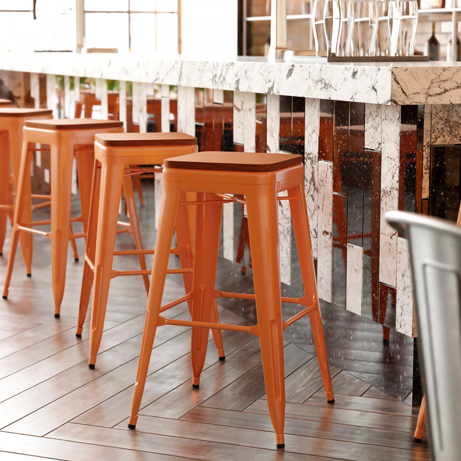BLNK Kai Commercial Metal Backless Indoor-Outdoor Bar Stool with Poly Resin Wood Seat - Orange/Teak