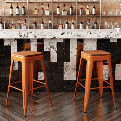 BLNK Kai Commercial Metal Backless Indoor-Outdoor Bar Stool with Poly Resin Wood Seat - Orange/Teak