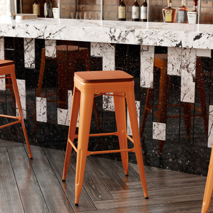 BLNK Kai Commercial Metal Backless Indoor-Outdoor Bar Stool with Poly Resin Wood Seat - Orange/Teak