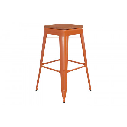 BLNK Kai Commercial Metal Backless Indoor-Outdoor Bar Stool with Poly Resin Wood Seat - Orange/Teak