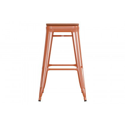 BLNK Kai Commercial Metal Backless Indoor-Outdoor Bar Stool with Poly Resin Wood Seat - Orange/Teak