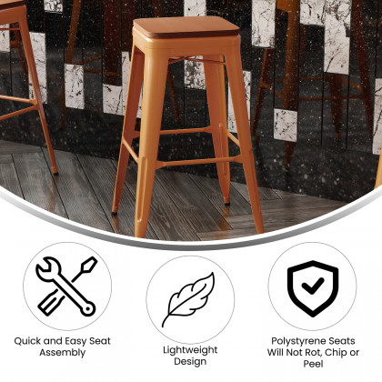 BLNK Kai Commercial Metal Backless Indoor-Outdoor Bar Stool with Poly Resin Wood Seat - Orange/Teak