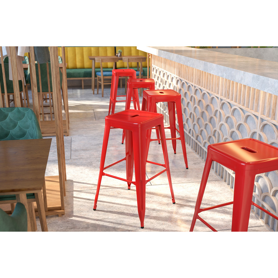 BLNK Kai Commercial Metal Backless Indoor-Outdoor Bar Stool with Square Seat - Red