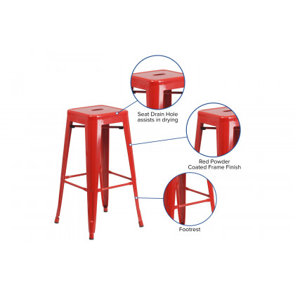 BLNK Kai Commercial Metal Backless Indoor-Outdoor Bar Stool with Square Seat - Red