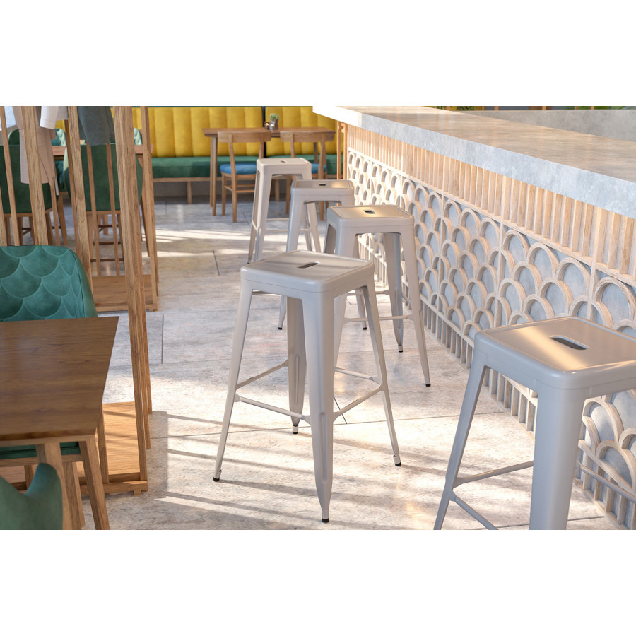 BLNK Kai Commercial Metal Backless Indoor-Outdoor Bar Stool with Square Seat - Silver