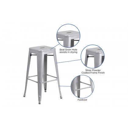 BLNK Kai Commercial Metal Backless Indoor-Outdoor Bar Stool with Square Seat - Silver
