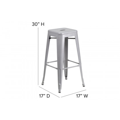 BLNK Kai Commercial Metal Backless Indoor-Outdoor Bar Stool with Square Seat - Silver