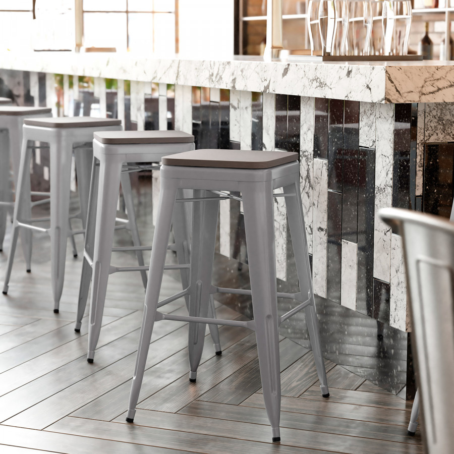 BLNK Kai Commercial Metal Backless Indoor-Outdoor Bar Stool with Poly Resin Wood Seat - Silver/Gray