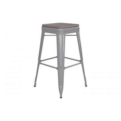 BLNK Kai Commercial Metal Backless Indoor-Outdoor Bar Stool with Poly Resin Wood Seat - Silver/Gray