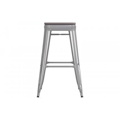 BLNK Kai Commercial Metal Backless Indoor-Outdoor Bar Stool with Poly Resin Wood Seat - Silver/Gray