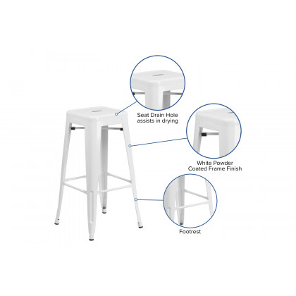 BLNK Kai Commercial Metal Backless Indoor-Outdoor Bar Stool with Square Seat - White