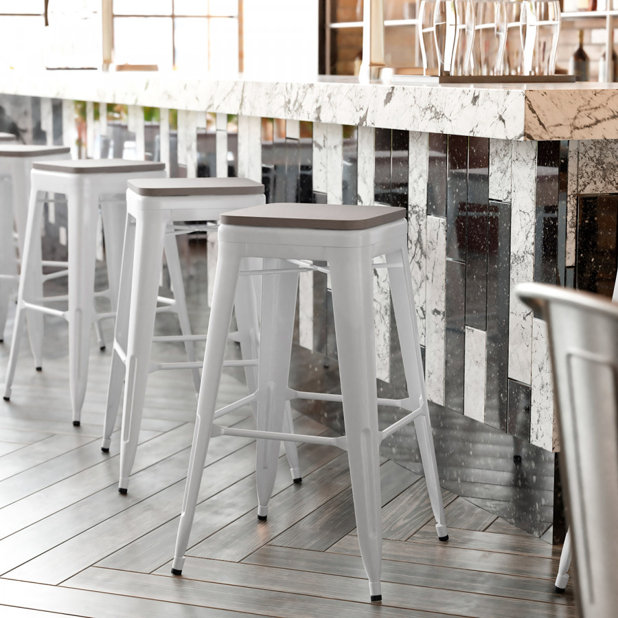 BLNK Kai Commercial Metal Backless Indoor-Outdoor Bar Stool with Poly Resin Wood Seat - White/Gray