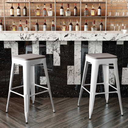 BLNK Kai Commercial Metal Backless Indoor-Outdoor Bar Stool with Poly Resin Wood Seat - White/Gray