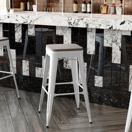 BLNK Kai Commercial Metal Backless Indoor-Outdoor Bar Stool with Poly Resin Wood Seat - White/Gray