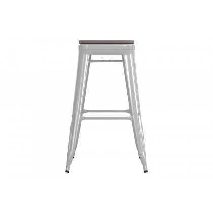 BLNK Kai Commercial Metal Backless Indoor-Outdoor Bar Stool with Poly Resin Wood Seat - White/Gray