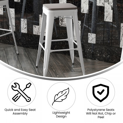 BLNK Kai Commercial Metal Backless Indoor-Outdoor Bar Stool with Poly Resin Wood Seat - White/Gray