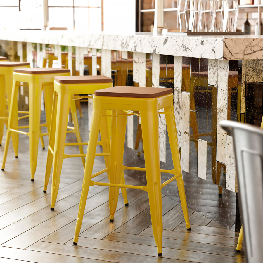 BLNK Kai Commercial Metal Backless Indoor-Outdoor Bar Stool with Poly Resin Wood Seat - Yellow/Teak