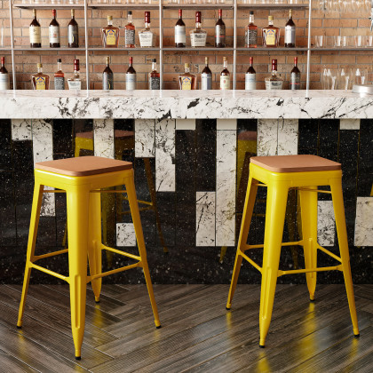 BLNK Kai Commercial Metal Backless Indoor-Outdoor Bar Stool with Poly Resin Wood Seat - Yellow/Teak