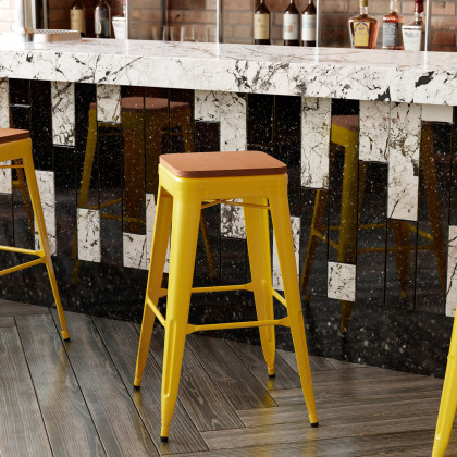 BLNK Kai Commercial Metal Backless Indoor-Outdoor Bar Stool with Poly Resin Wood Seat - Yellow/Teak