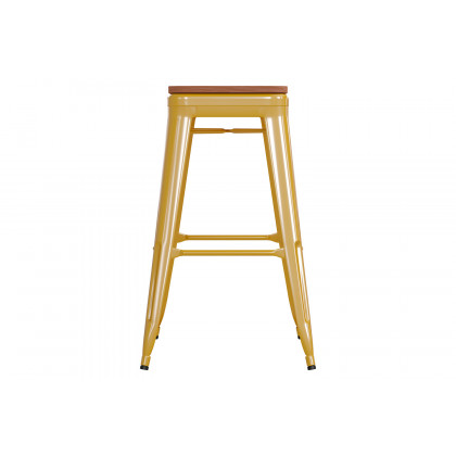 BLNK Kai Commercial Metal Backless Indoor-Outdoor Bar Stool with Poly Resin Wood Seat - Yellow/Teak
