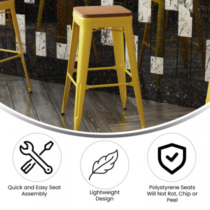 BLNK Kai Commercial Metal Backless Indoor-Outdoor Bar Stool with Poly Resin Wood Seat - Yellow/Teak