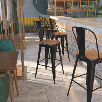 BLNK - Lily Metal Bar Stool with Back and Wood Seat
